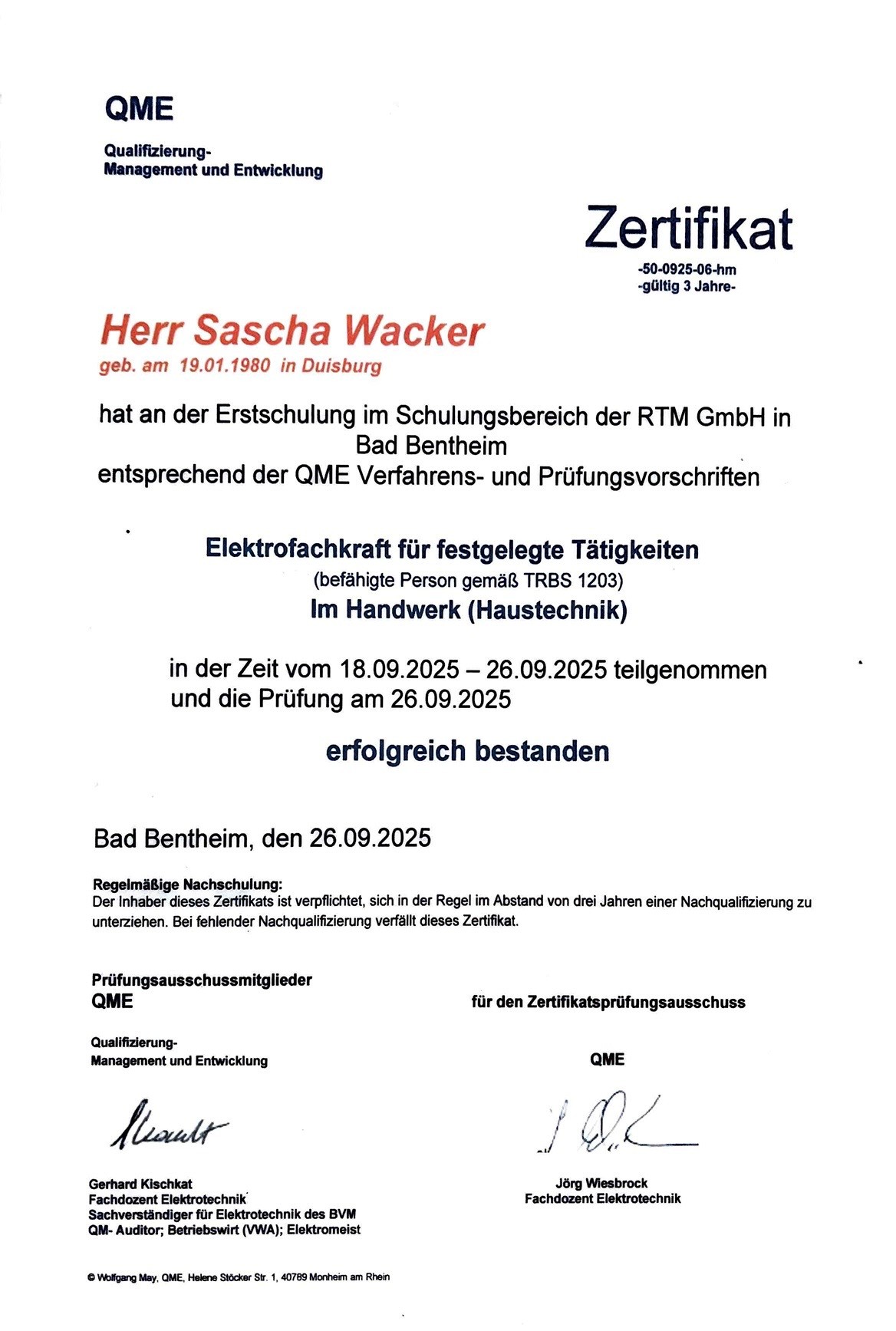 Vorschau Originalurkunde Elektrofachkraft für festgelegte Tätigkeiten